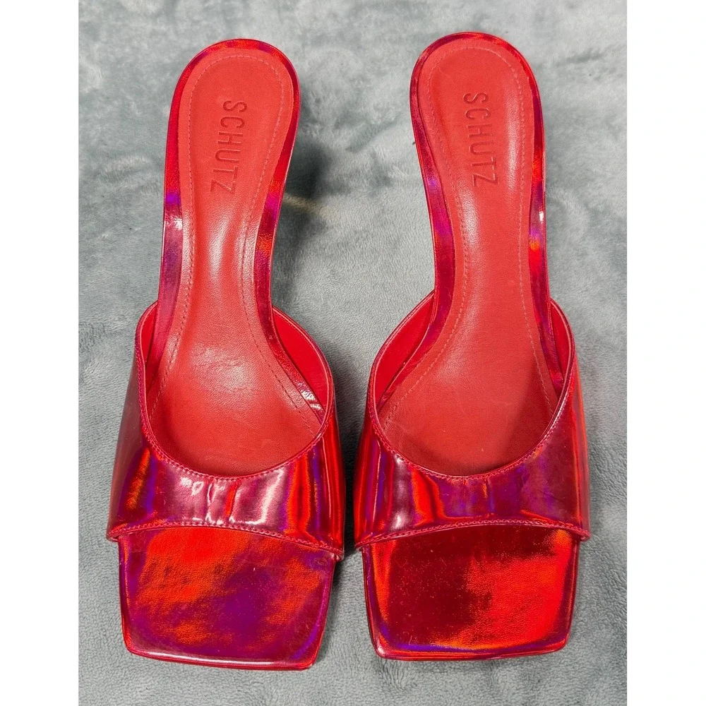 Schutz Sandals Womens 8B Red Holographic Square Toe Heels Slide